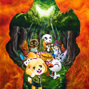 Animal Crossing characters in a clearing shaped suspiciously like Doomguy
