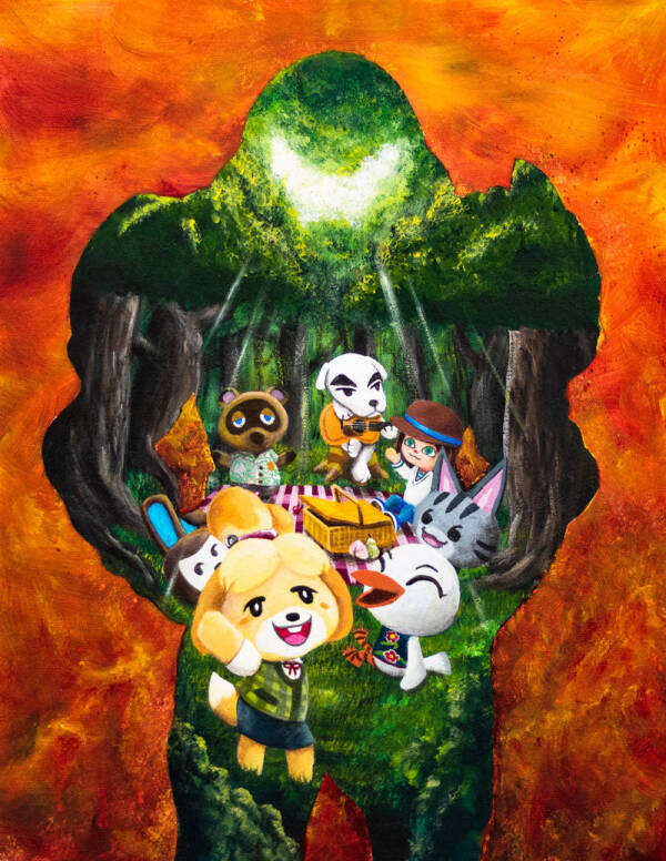 Animal Crossing characters in a clearing shaped suspiciously like Doomguy