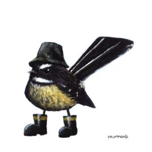 a picture of a cute lil fantail wearing a bucket hat and wee gumboots