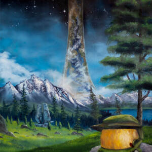 A picture of a green helmet on a ringworld of some kind