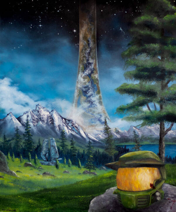 A picture of a green helmet on a ringworld of some kind
