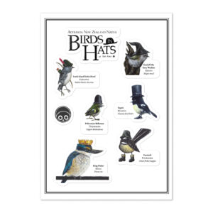 A picture of six small native New Zealand birds wearing hats.