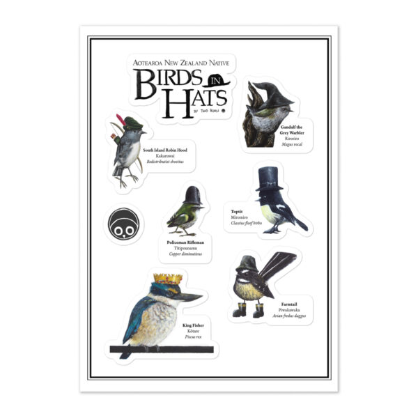 A picture of six small native New Zealand birds wearing hats.