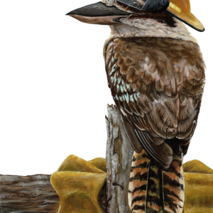 an image of a kookaburra wearing a fireman's hat sitting on a fence post