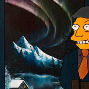 it's a picture of Seymour Skinner standing in front of a painting of the Northern Lights
