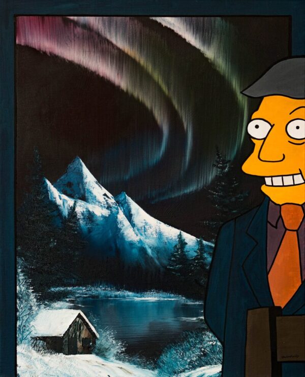 it's a picture of Seymour Skinner standing in front of a painting of the Northern Lights