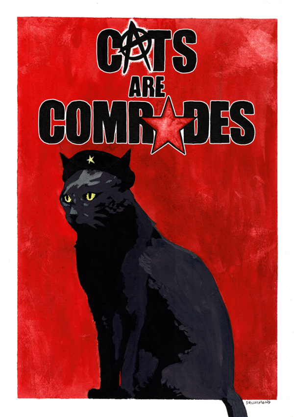 a stately black cat sporting a black beret against a red background with a heading that reads "CATS ARE COMRADES"