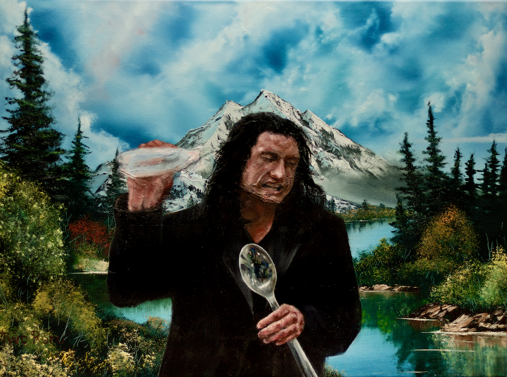 a painting of tommy wiseau holding a spoon with a beautiful scenic backdrop of Mount McKinley after Bob Ross