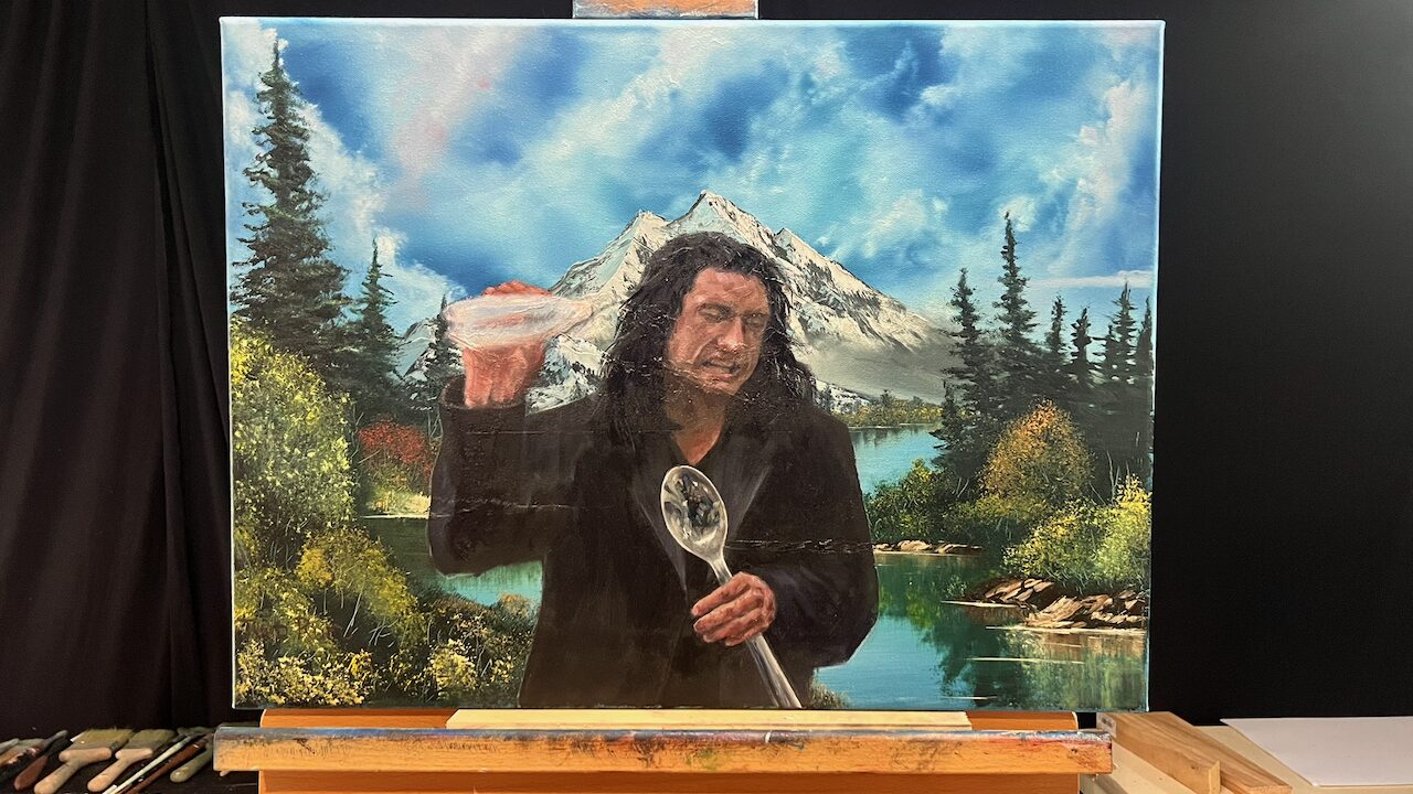 a picture of tommy wiseau about to hurl a bottle and utter pure poetry whilst holding a spoon