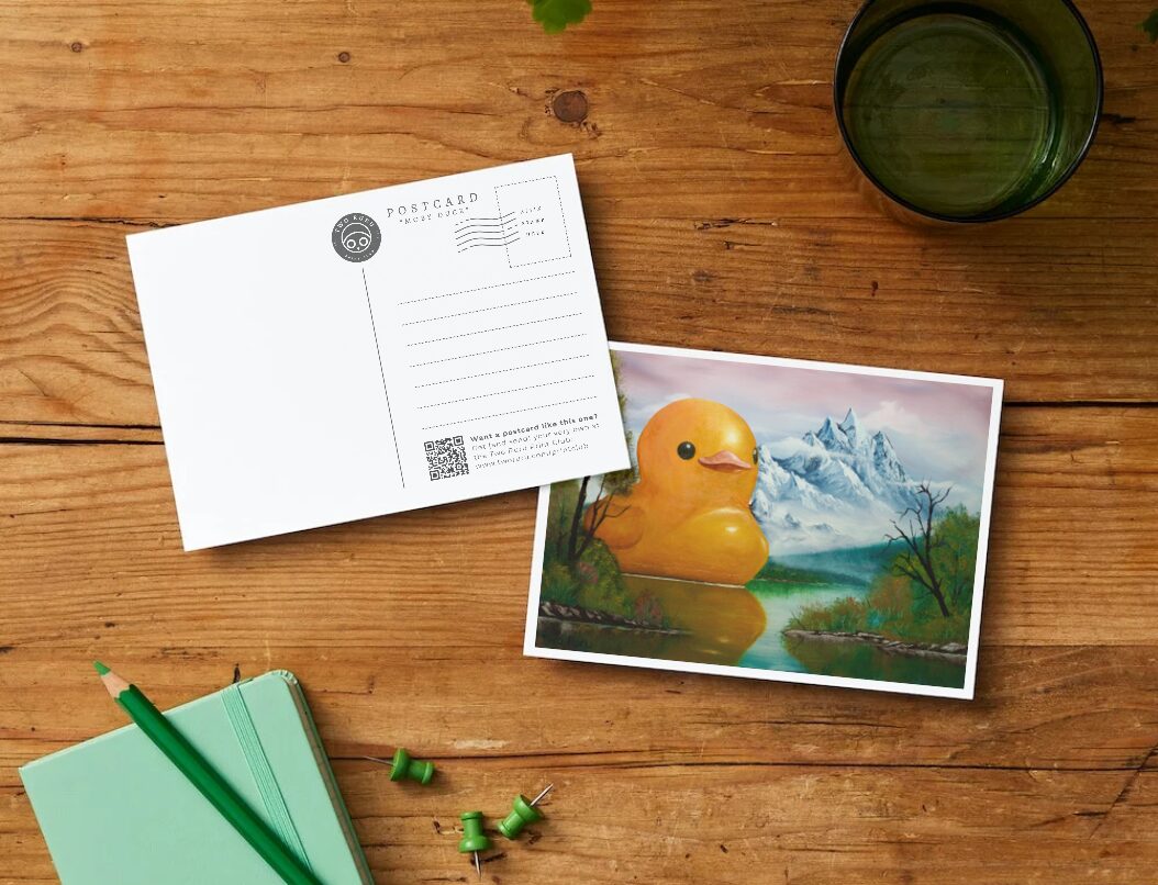 some very cool postcard art featuring a giant rubber duck on a normal-sized alaskan lake